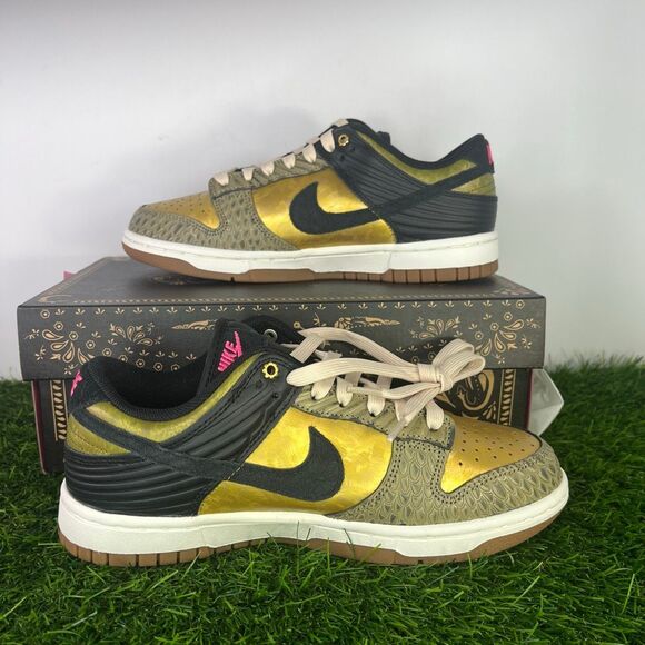 Nike Dunk Low PRM Metallic Gold Khaki Black Women’s 6.5 / Men’s 5 FQ8148-010 - Picture 2 of 6